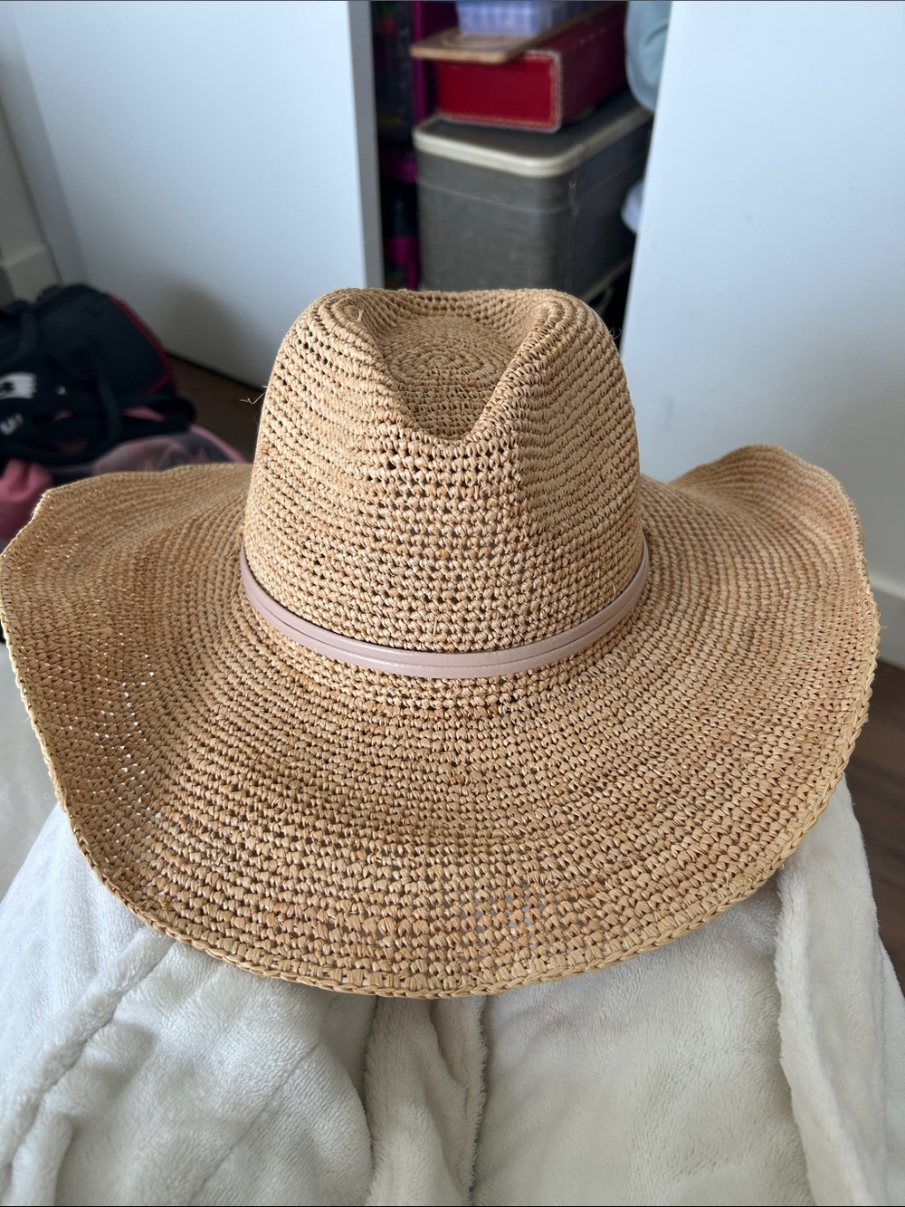 Hat Attack Woven Straw Sun Hat with Pale Pink Band